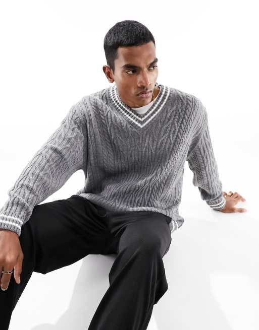 ASOS DESIGN – Cricket-Pullover mit Oversize-Passform und V-Ausschnitt in Anthrazit
