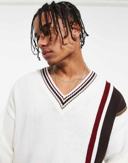 ASOS DESIGN – Cricket-Strickpullover in gebrochenem Weiß