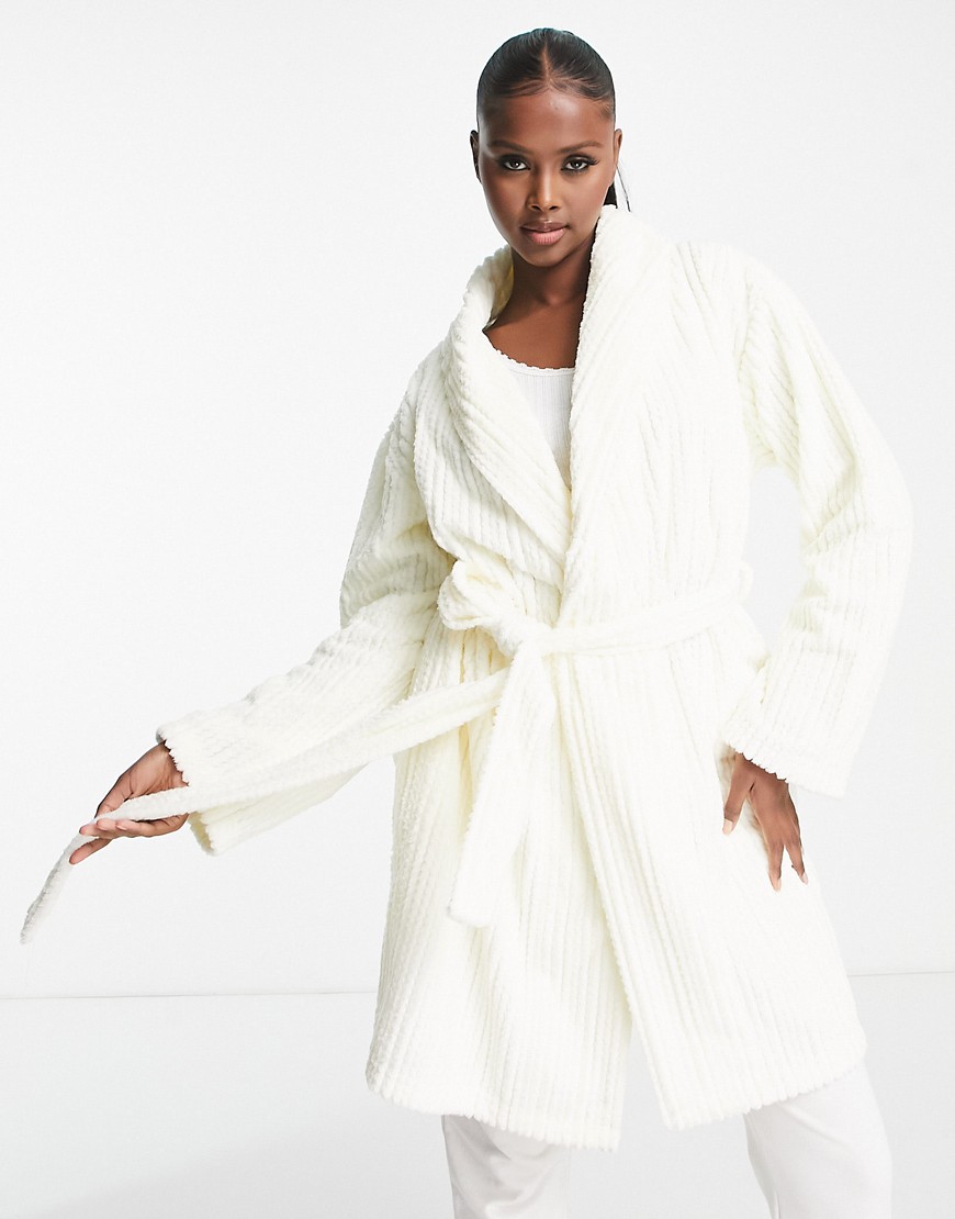 ASOS DESIGN crimped rib faux fur mini robe in cream-White