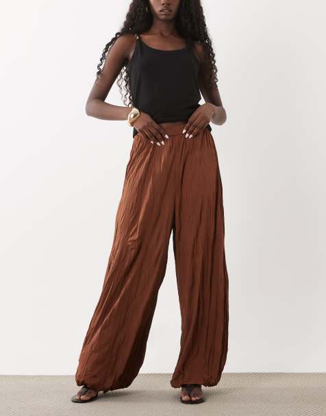 ASOS DESIGN crinkle balloon pants in brown - part of a set - view 1
