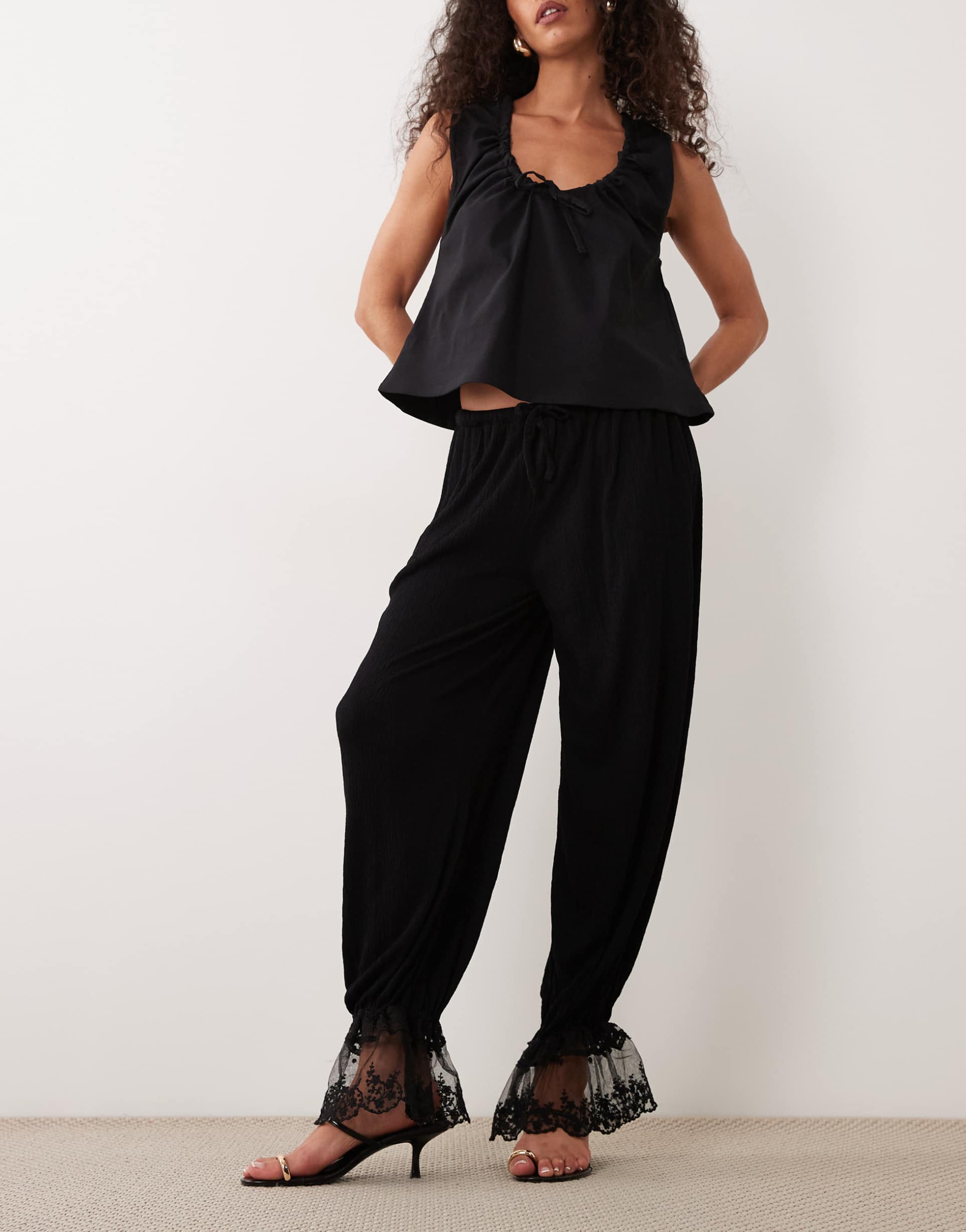asos design crinkle balloon pants with hem detailing in black - part of a set