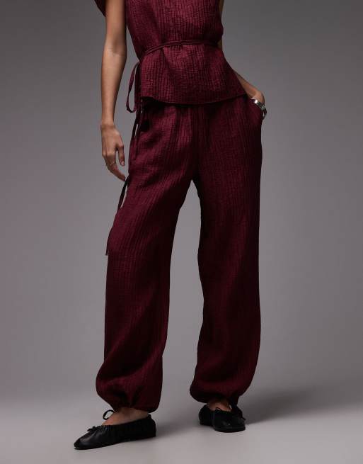 ASOS DESIGN crinkle balloon trousers co-ord in burgundy, 2 of 5
