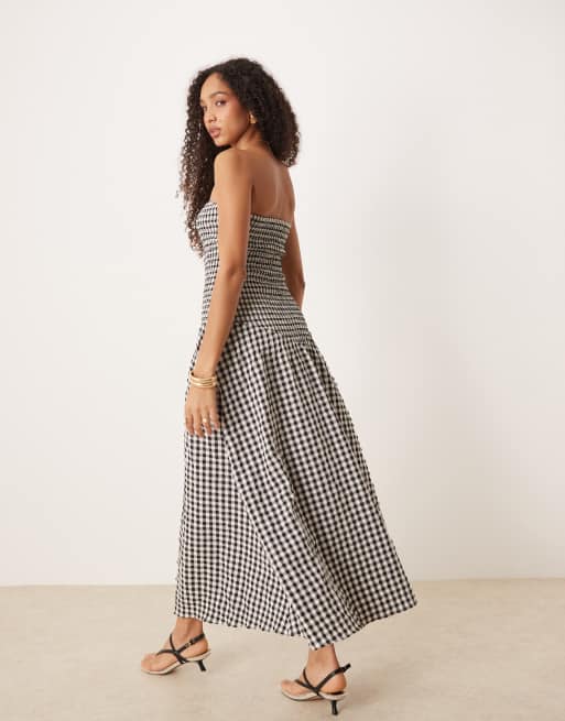 ASOS DESIGN crinkle bandeau maxi dress in black and white gingham
