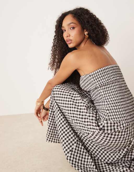 ASOS DESIGN crinkle bandeau maxi dress in black and white gingham