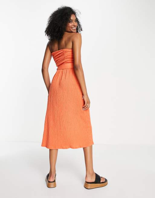 ASOS DESIGN crinkle bandeau midi dress with belt in orange ASOS
