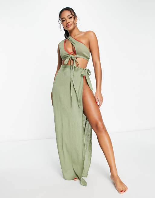 ASOS DESIGN crinkle beach co-ord sarong in khaki