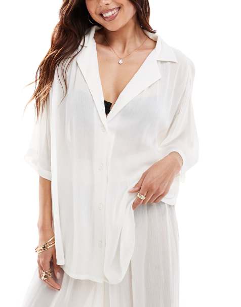 ASOS DESIGN crinkle beach shirt in white (part of a set) - view 1