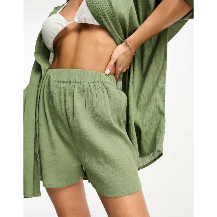 Resort Wear Crinkle Textured Wide Leg Beach Shorts in Light Green