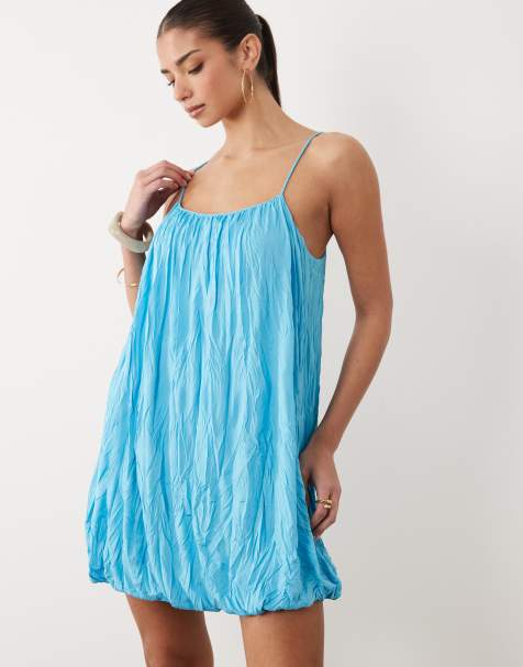 ASOS DESIGN crinkle bubble hem mini dress in turquoise - view 1