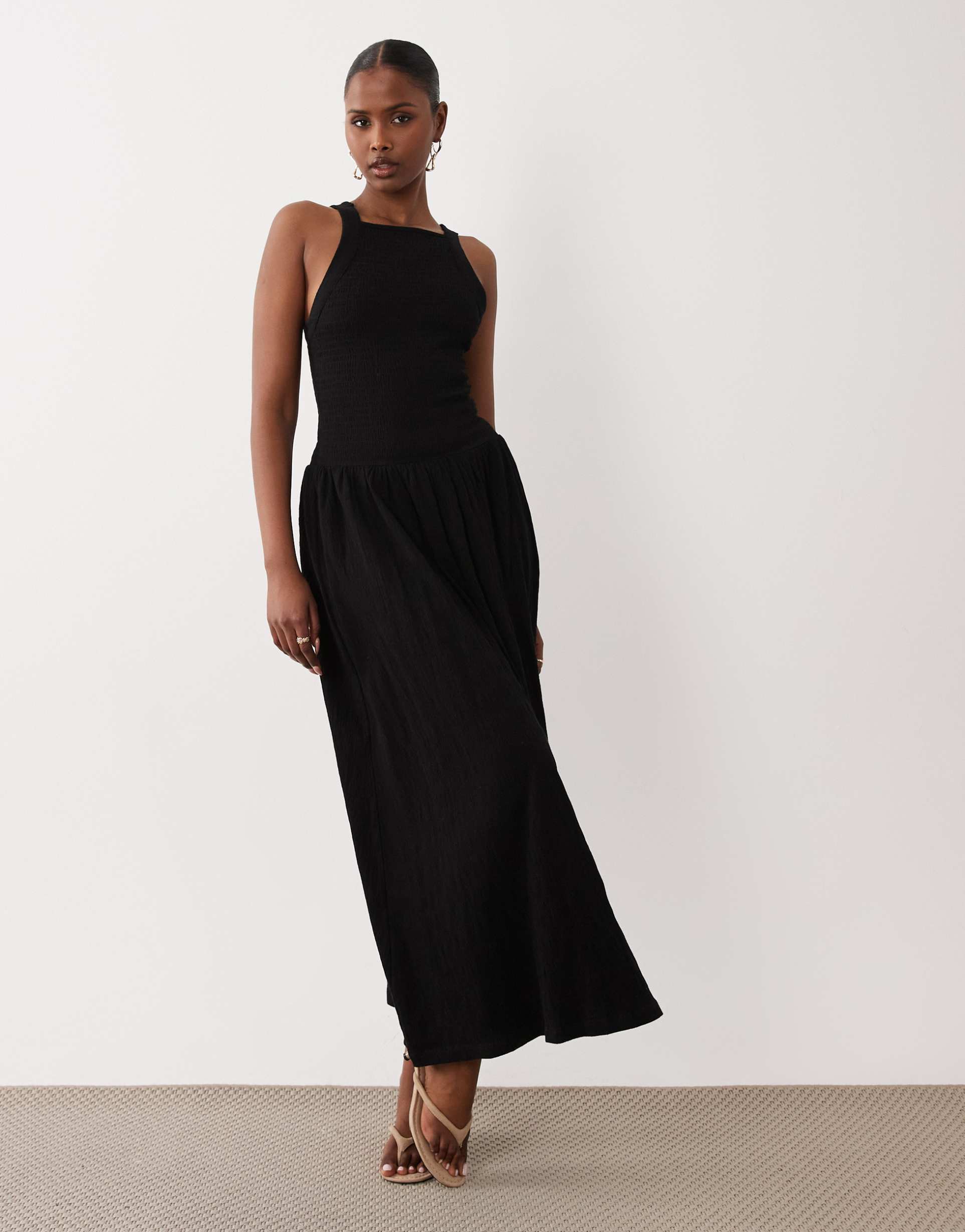 asos design crinkle built-up cross-back midi dress in black