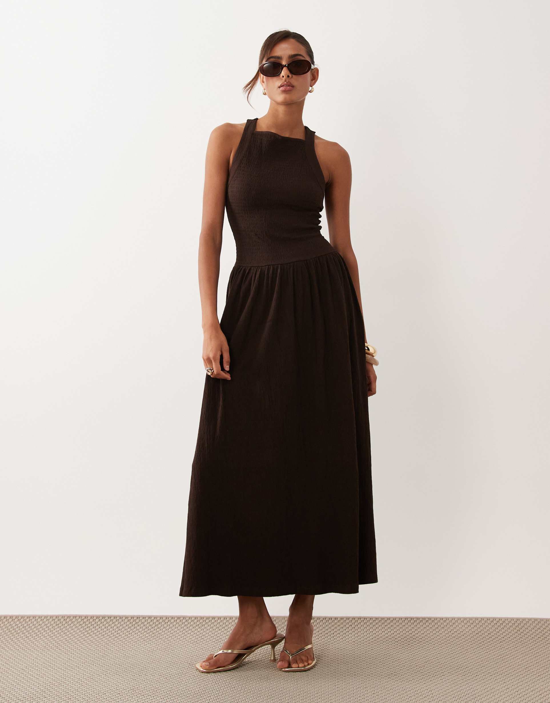 asos design crinkle built up cross back midi dress in chocolate