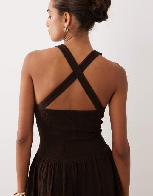 ASOS DESIGN crinkle built up cross back midi dress in chocolate, 3 of 4