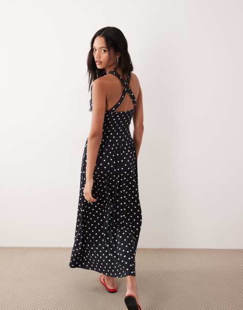 ASOS DESIGN crinkle built up cross back midi dress in mono polka dot - view 1