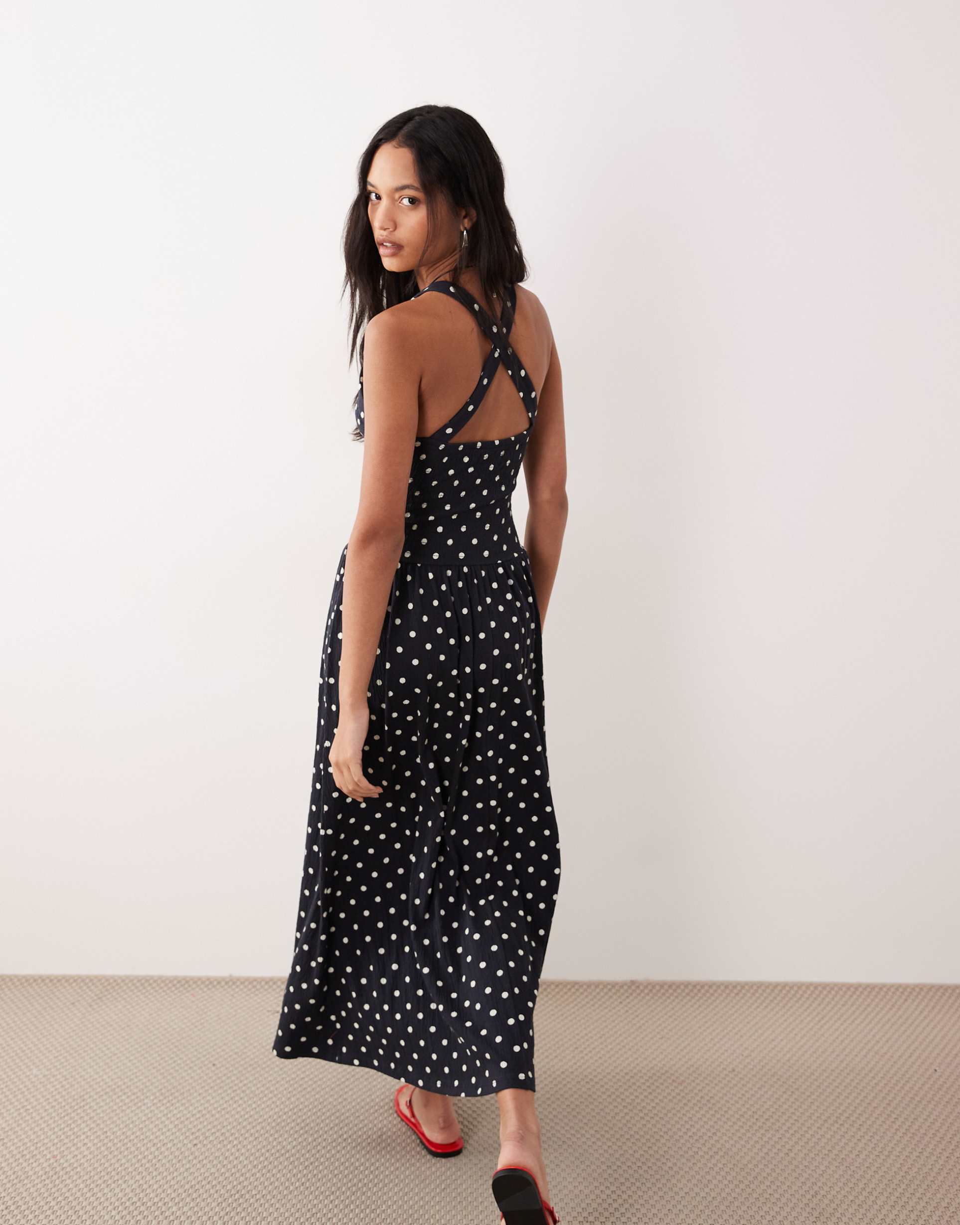 asos design crinkle built up cross back midi dress in mono polka dot
