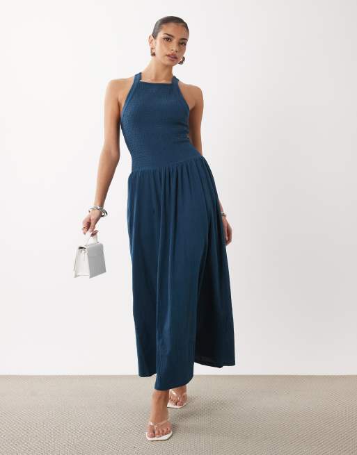 ASOS DESIGN crinkle built up cross back midi dress in navy | ASOS