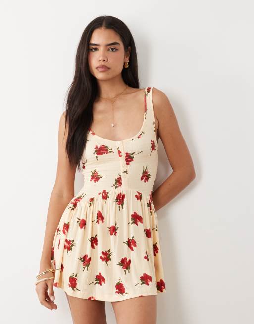 ASOS DESIGN crinkle button crinkle mini dress in yellow & red floral print, 3 of 4