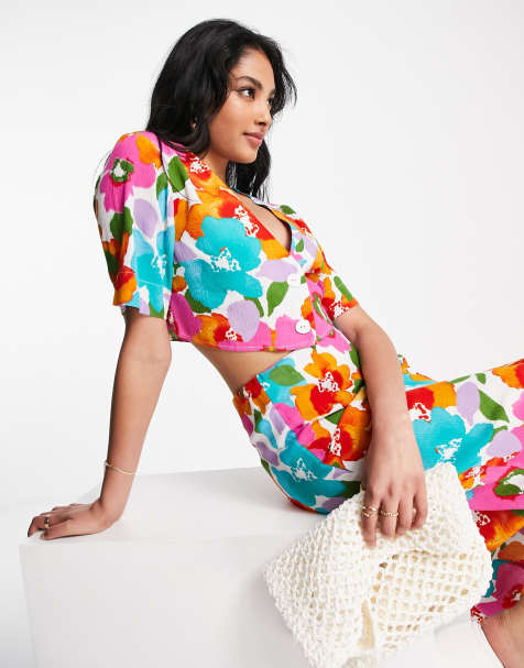 ASOS DESIGN crinkle button through crop shirt co-ord in bright floral print - view 1