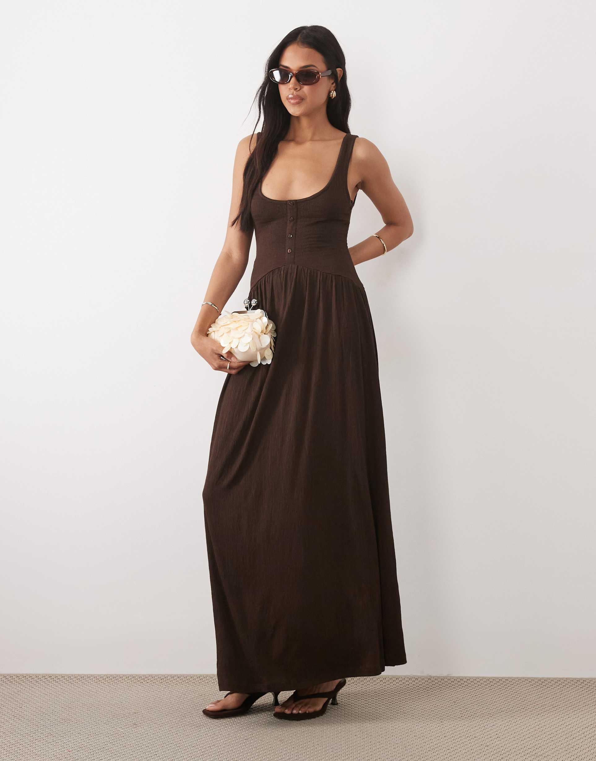asos design crinkle button through midi dress in chocolate