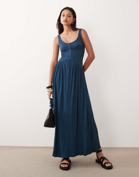ASOS DESIGN crinkle button through midi dress in denim blue - view 1