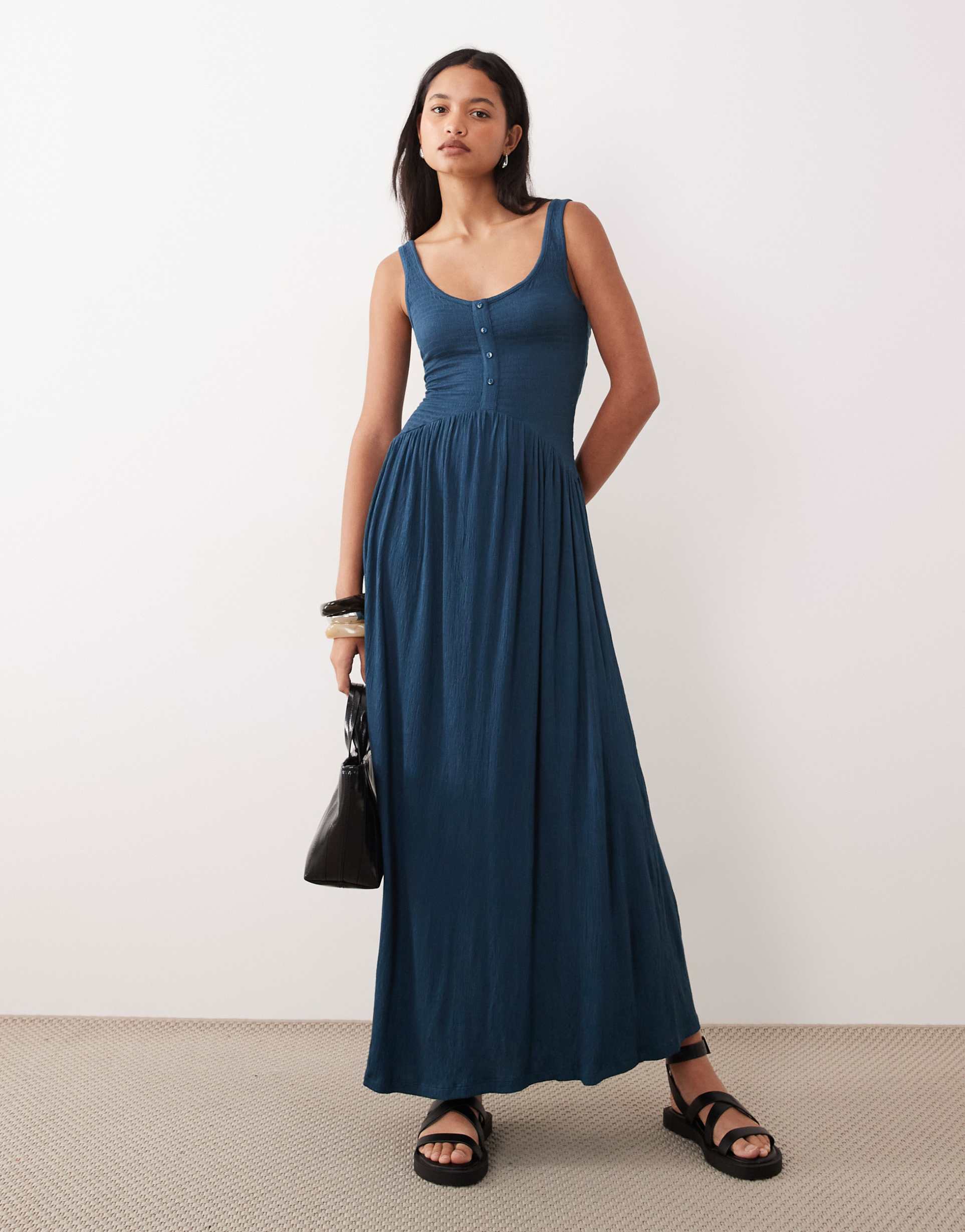 asos design crinkle button through midi dress in denim blue