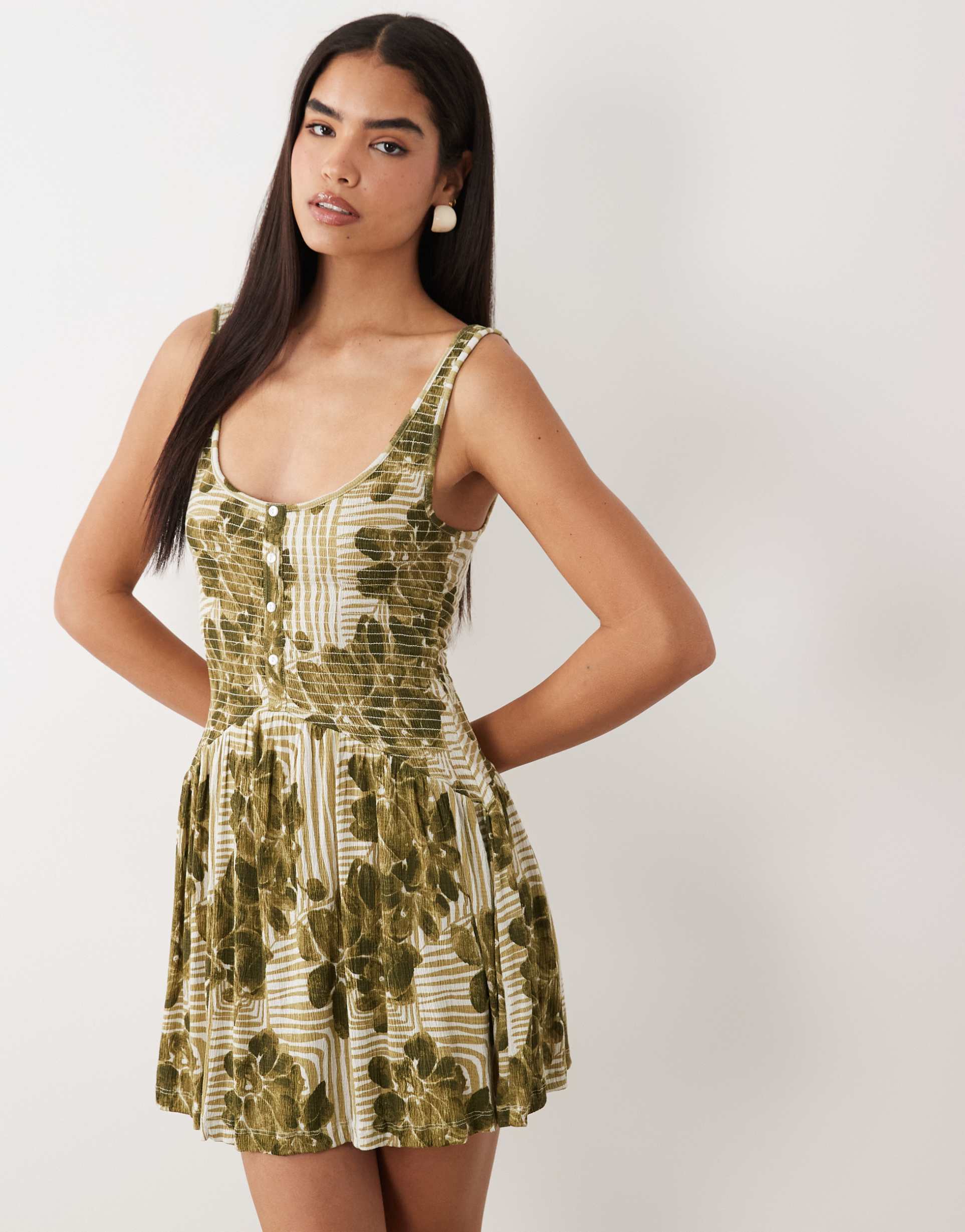 asos design crinkle button up mini dress in print