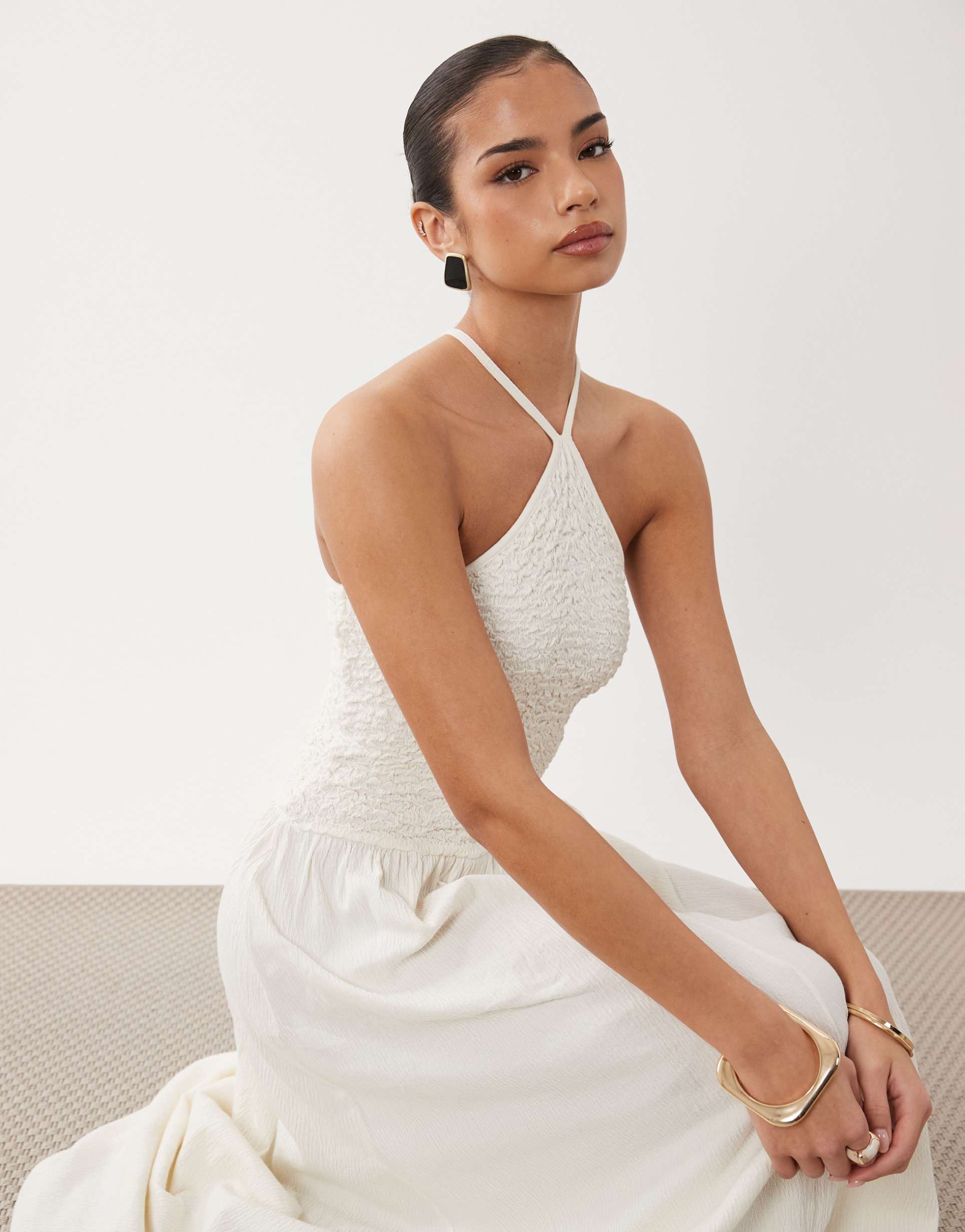 asos design crinkle cami halter midi dress in cream