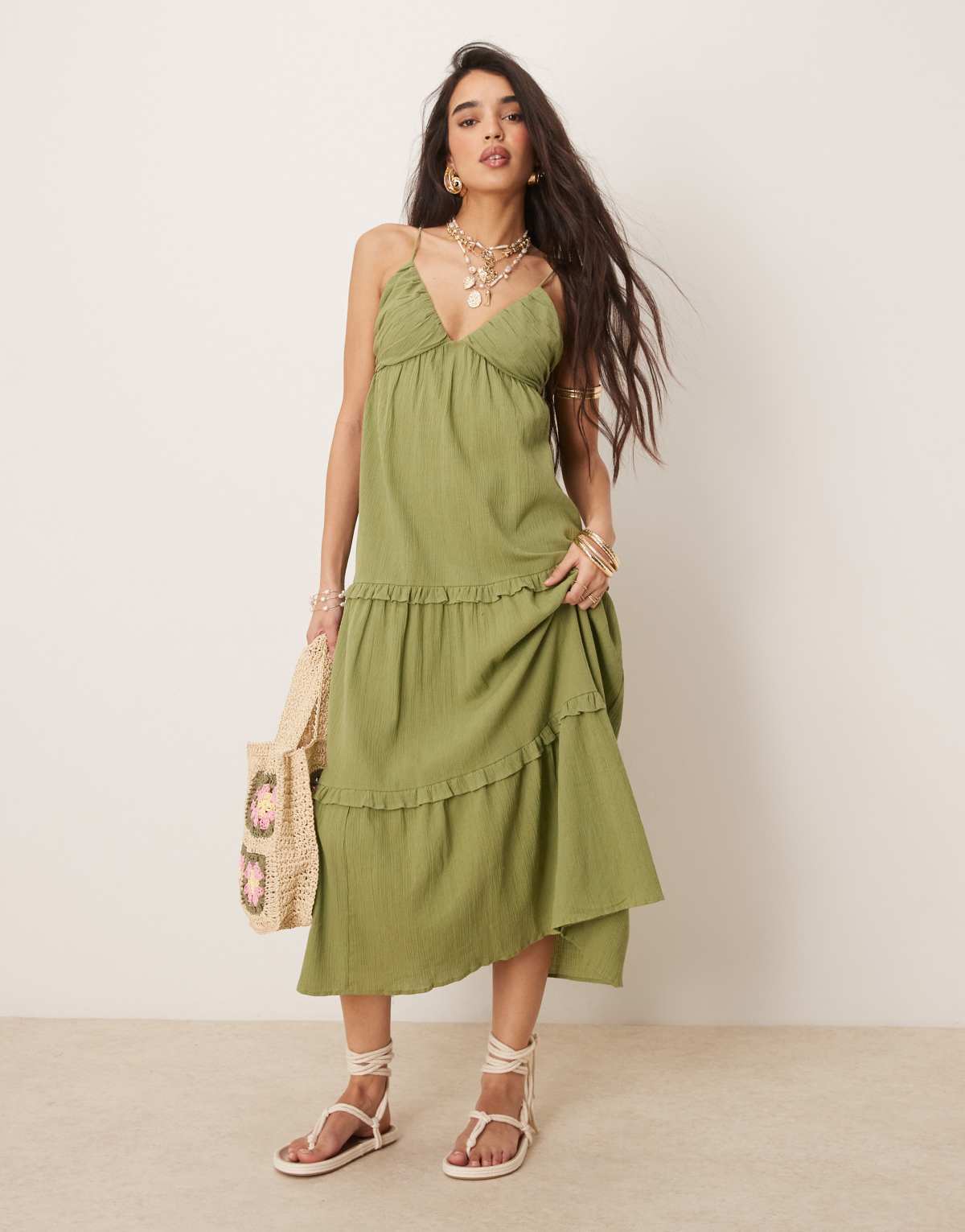 ASOS DESIGN crinkle cami maxi dress in olive