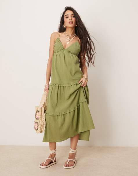 ASOS DESIGN crinkle cami midaxi dress in olive - view 1
