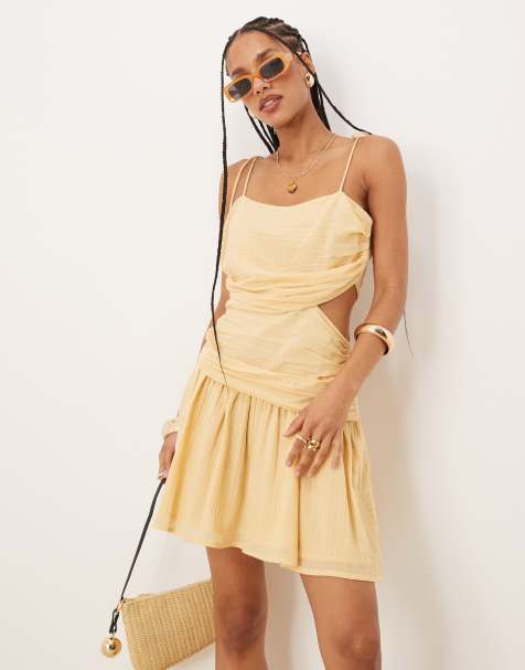ASOS DESIGN crinkle cami mini dress with tie straps in sand - view 1