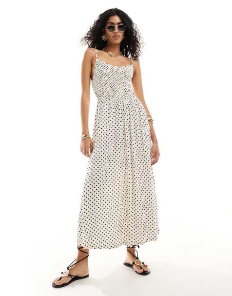 ASOS DESIGN crinkle cami shirred bodice full skirt midi dress in mono spot - view 1