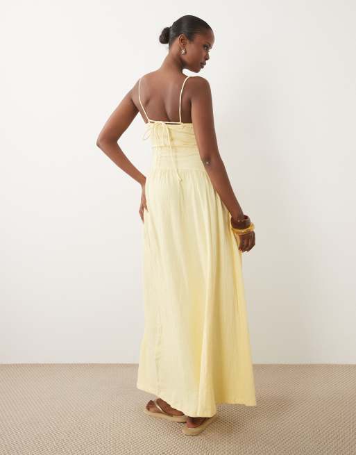 ASOS DESIGN crinkle cami tie back midi dress with asym waist in buttermilk, 3 of 4