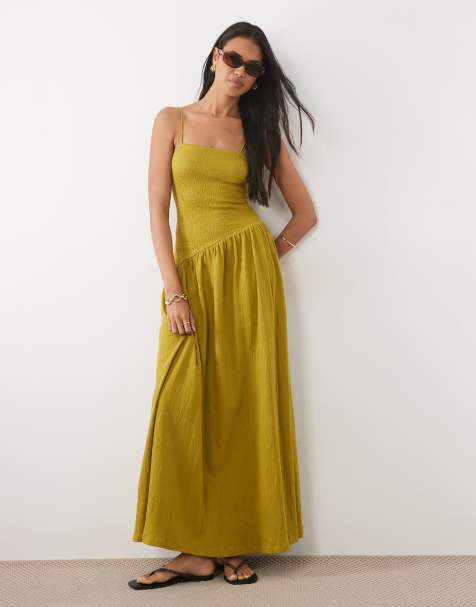 ASOS DESIGN crinkle cami tie back midi dress with asym waist in olive - view 1