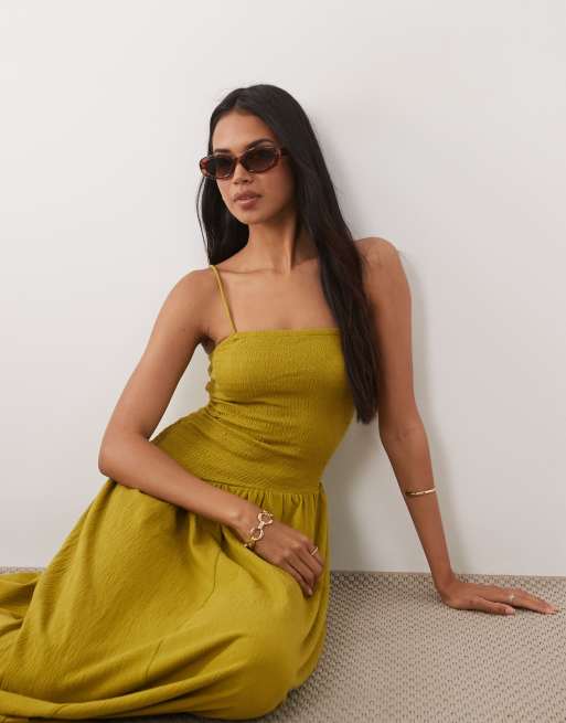 ASOS DESIGN crinkle cami tie back midi dress with asym waist in olive, 2 of 4