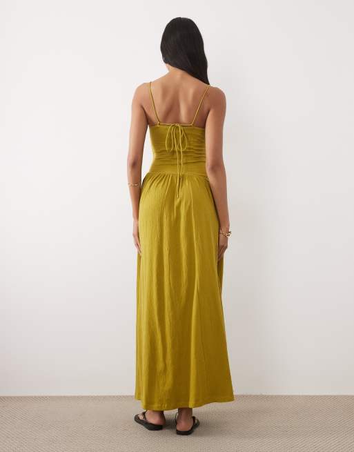 ASOS DESIGN crinkle cami tie back midi dress with asym waist in olive, 4 of 4