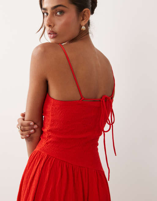 ASOS DESIGN crinkle cami tie back midi dress with asym waist in red, 3 of 4