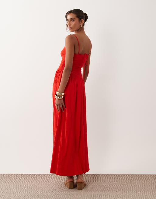 ASOS DESIGN crinkle cami tie back midi dress with asym waist in red, 4 of 4