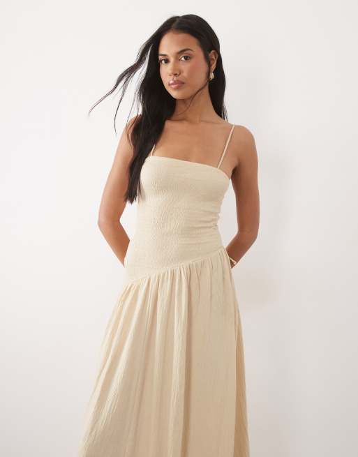 ASOS DESIGN crinkle cami tie back midi dress with asym waist in stone, 2 of 4