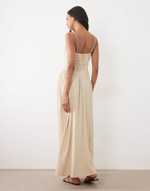 ASOS DESIGN crinkle cami tie back midi dress with asym waist in stone, 4 of 4