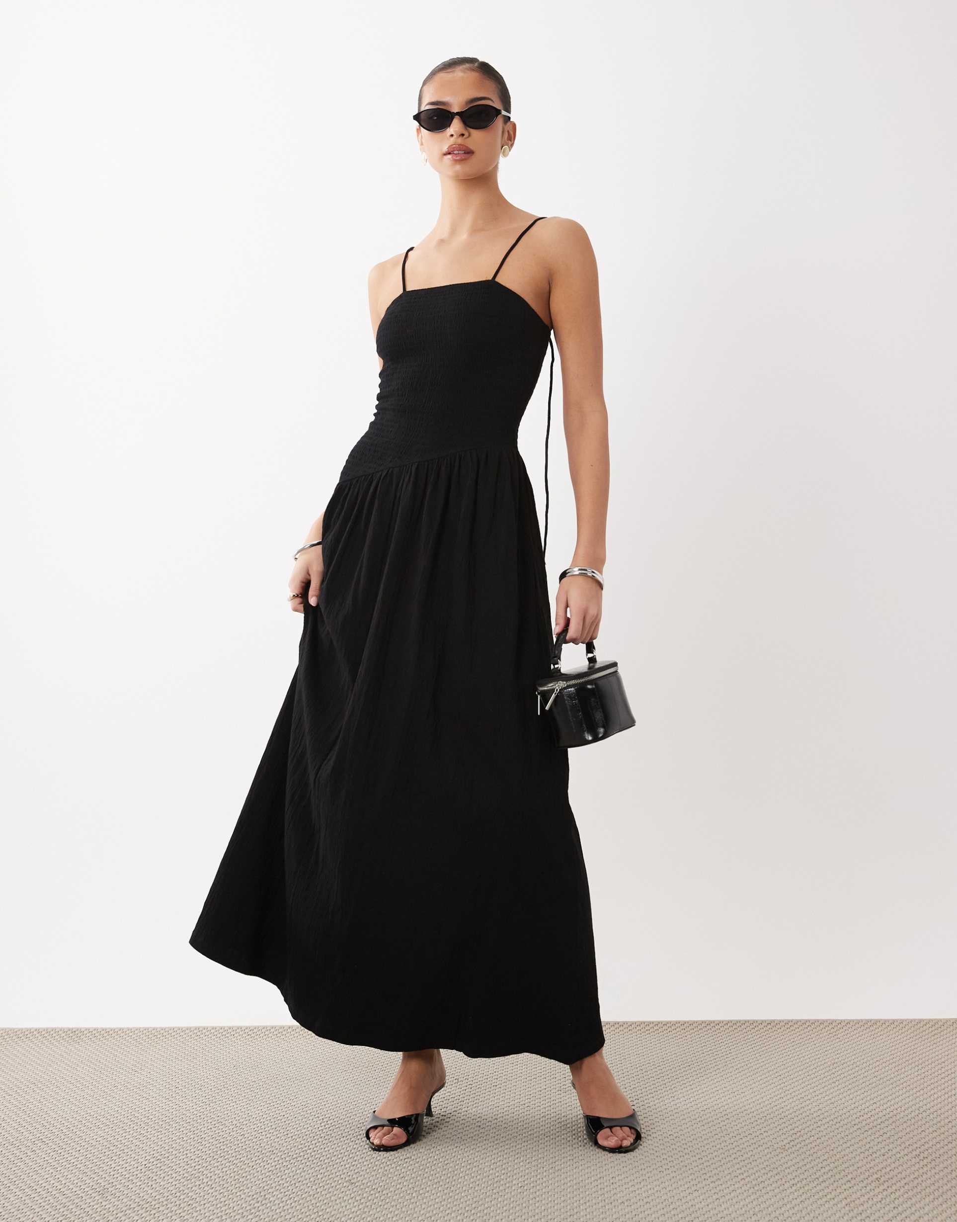 asos design crinkle cami tie back midi dress with asymmetric waist in black