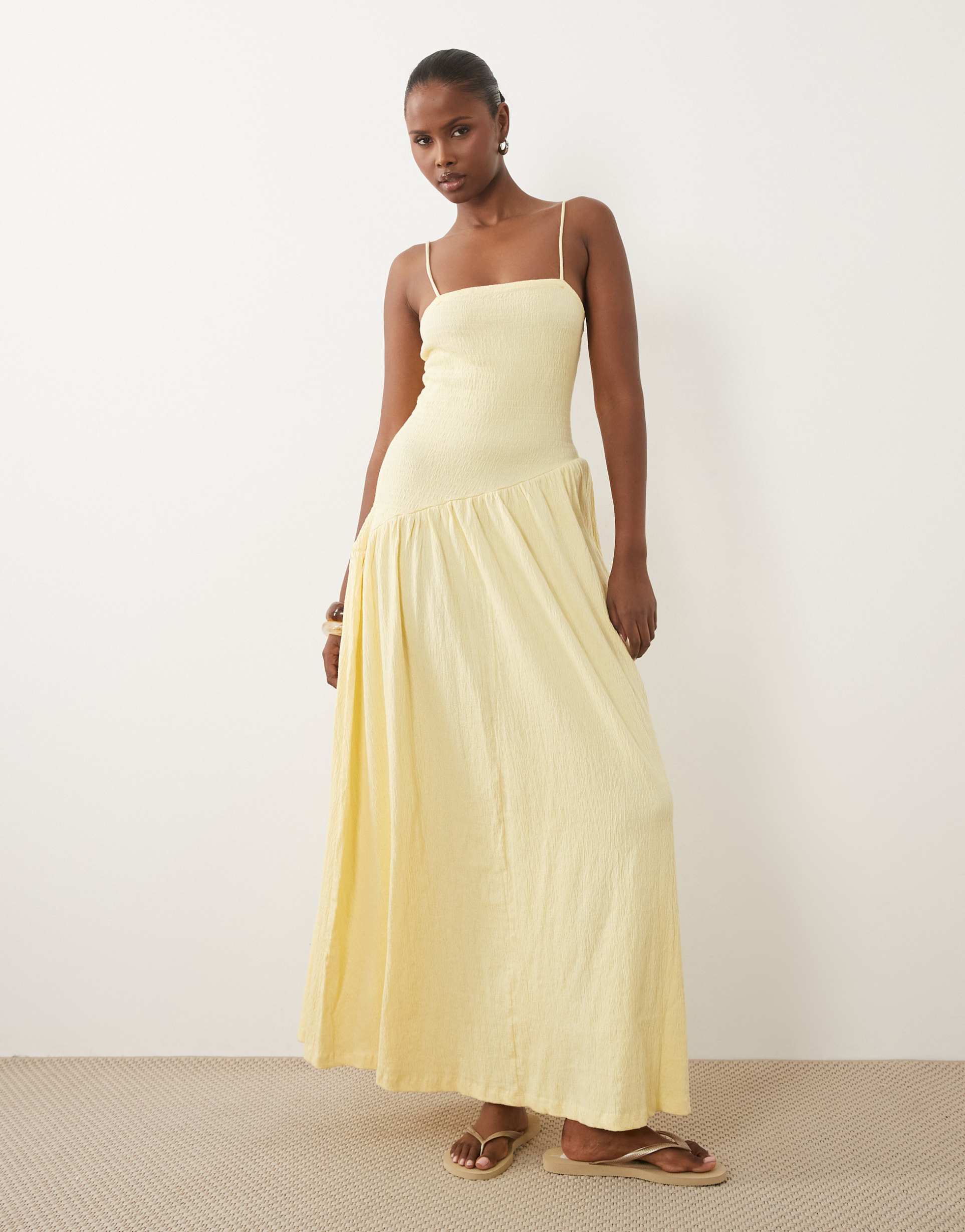 asos design crinkle cami tie back midi dress with asymmetric waist in buttermilk