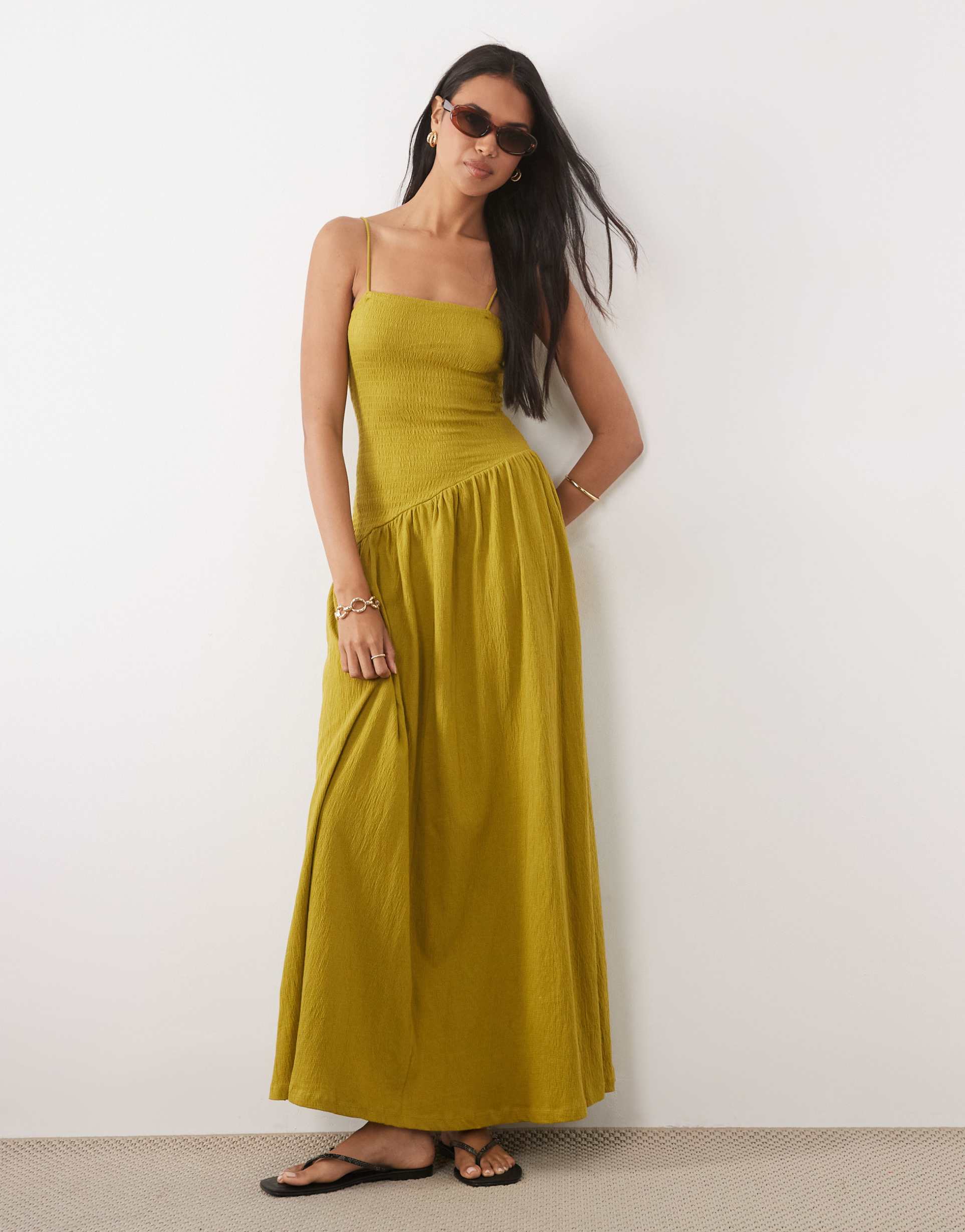 asos design crinkle cami tie back midi dress with asymmetric waist in olive