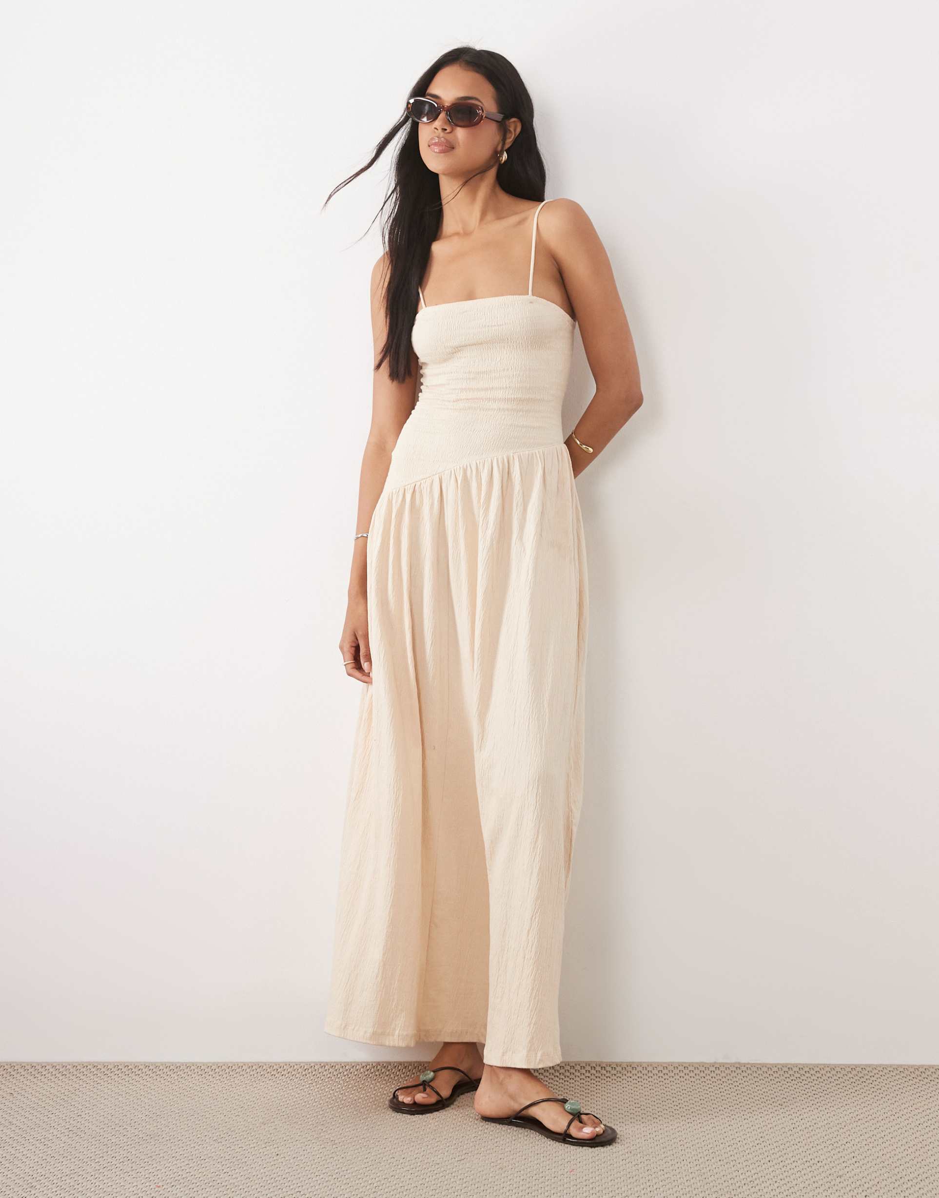 asos design crinkle cami tie back midi dress with asymmetric waist in stone