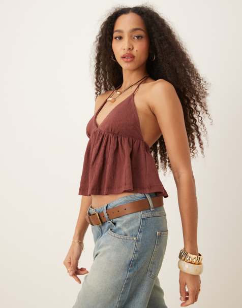 ASOS DESIGN crinkle cami top in burgundy - view 1