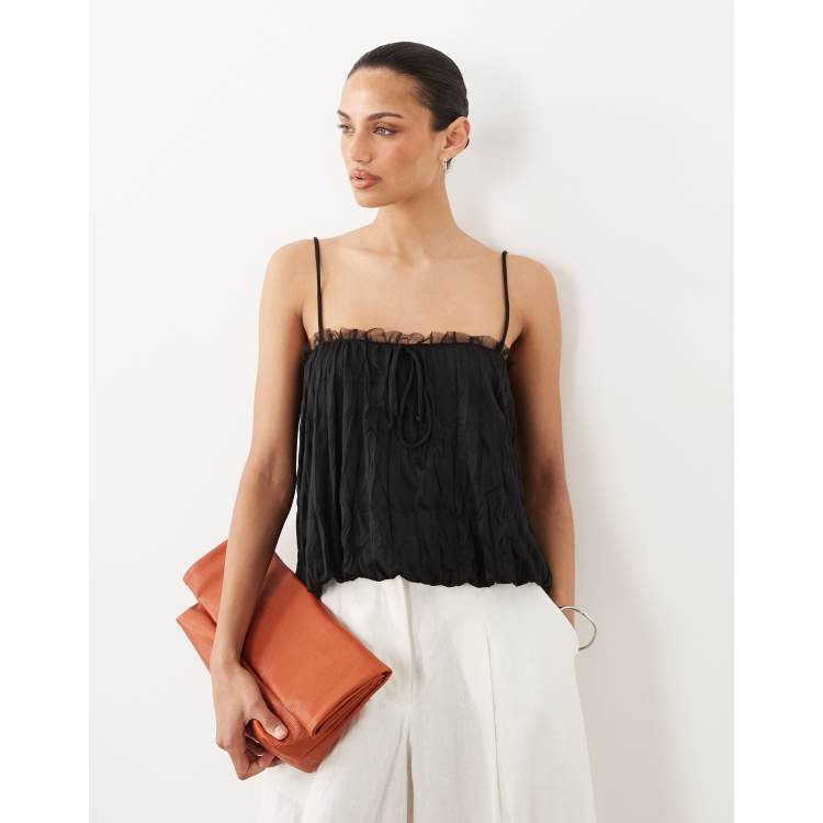 トップス crinkle crinkle crinke camisole Black ASOS DESIGN crinkle cami top with bubble hem and mesh trim in