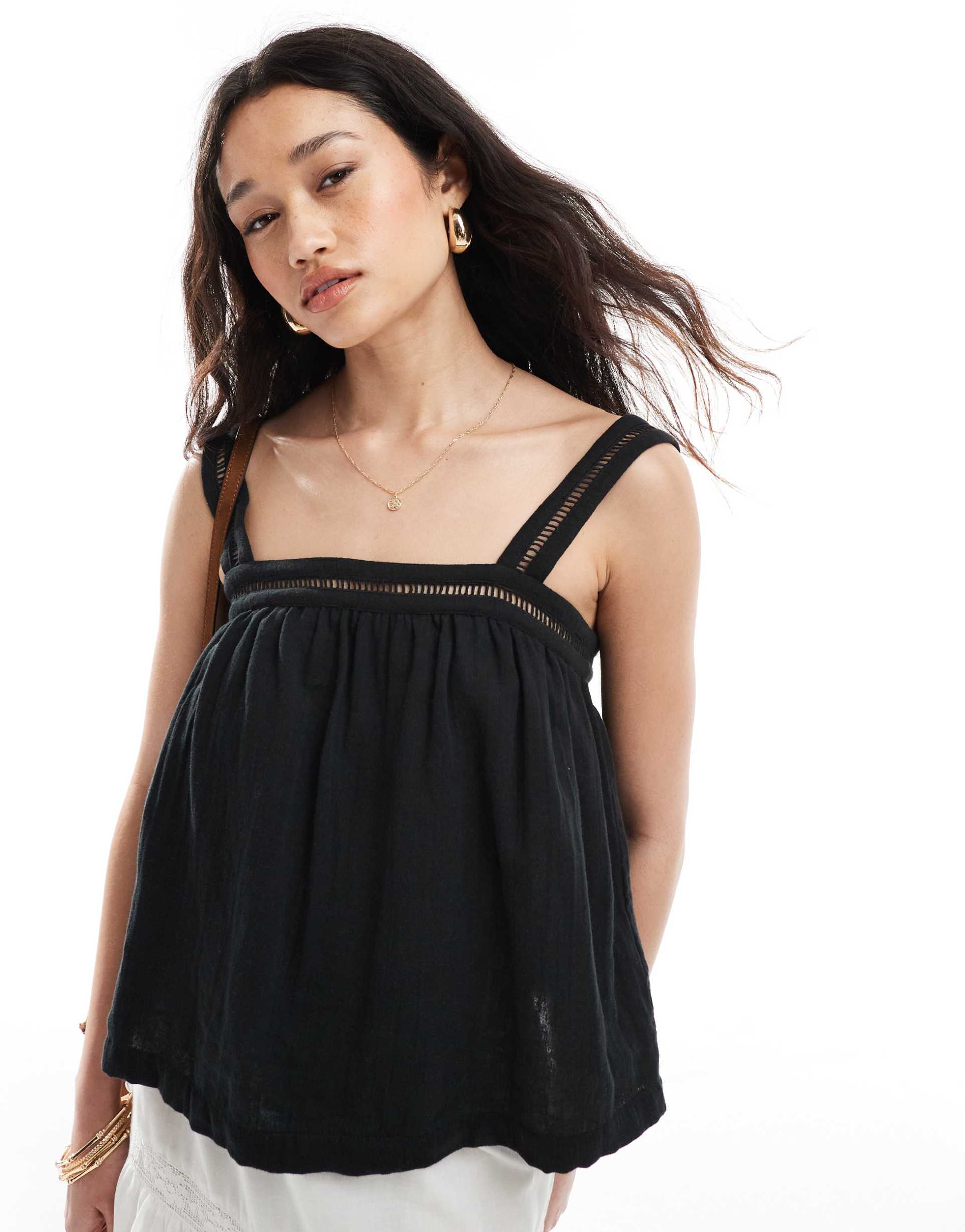 asos design crinkle cami top with lace insert detail and tie back in black