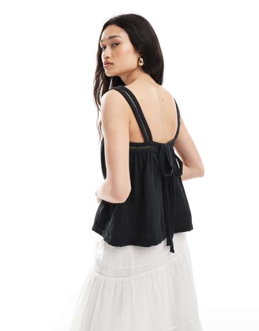 ASOS DESIGN crinkle cami top with lace insert detail and tie back