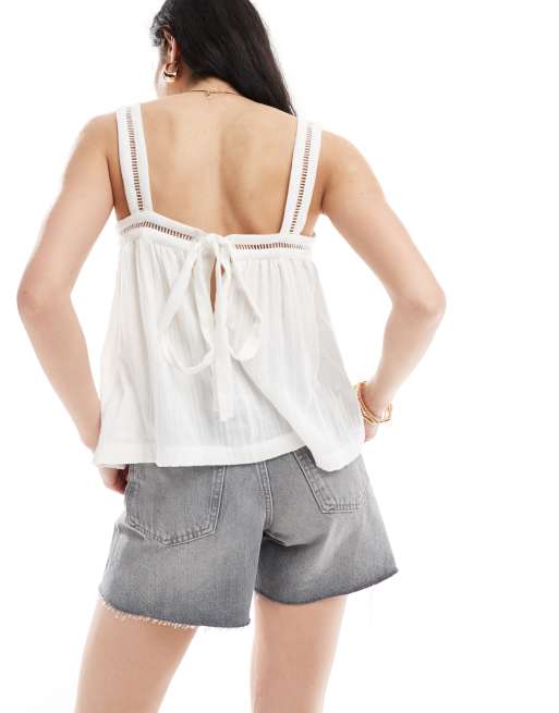 ASOS DESIGN crinkle cami top with lace insert detail and tie back in white, 4 of 4
