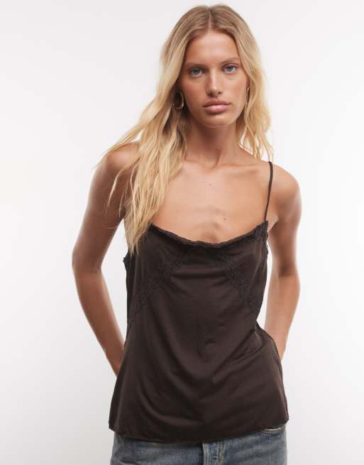 ASOS DESIGN crinkle cami with lace trim in dark brown, 2 of 4