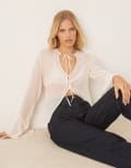 [ASOS DESIGN] ASOS DESIGN crinkle chiffon bell sleeve 70s blouse in ecru-White 16 Ecru