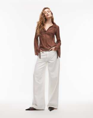 Asos Design Crinkle Chiffon Fitted Shirt In Brown